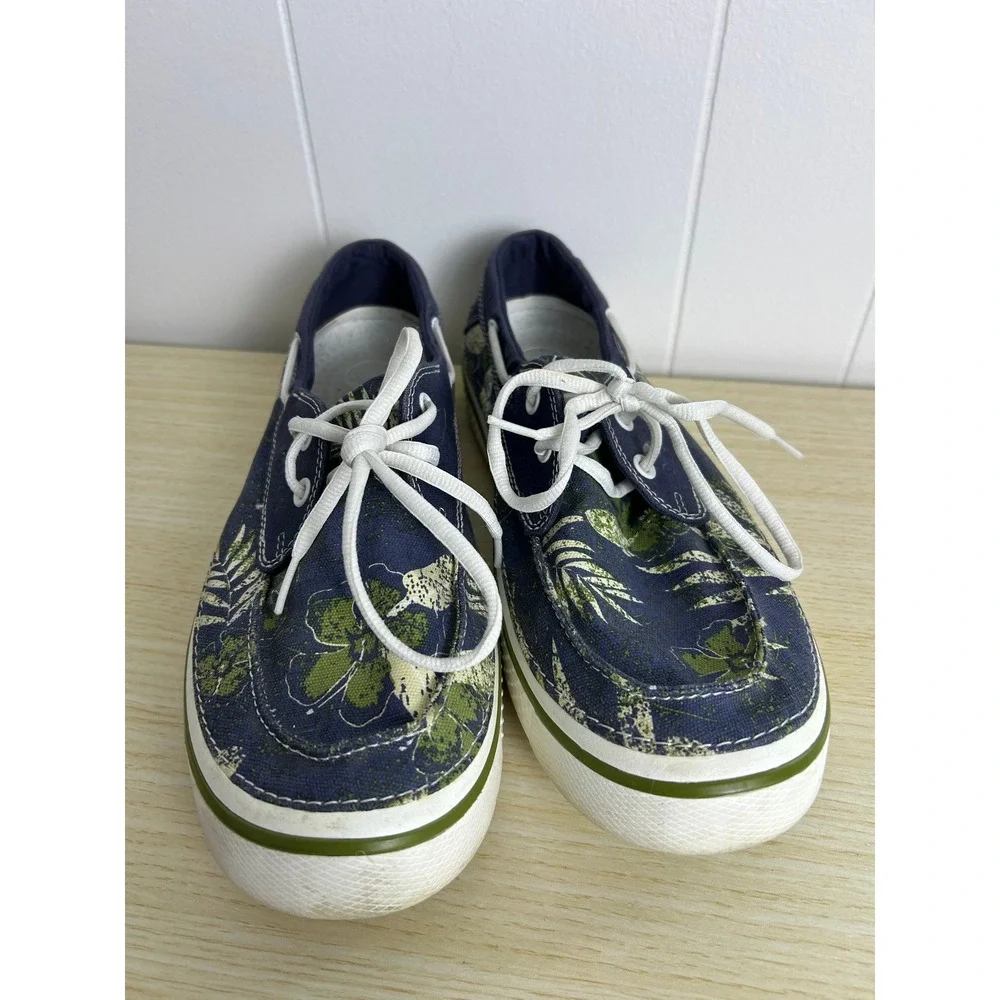Crocs Boat Shoes Mens 12 Navy Blue Tropical Floral Canvas Hover Lace Up nautical